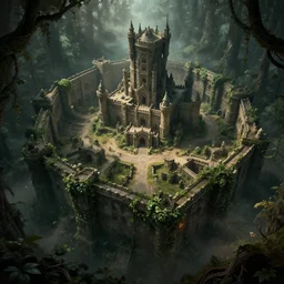 , dnd dungeon map of giant ancient castle in an forest with some ivy plants on the walls, cinematic, epic, dramatic lighting from above, dark, vines, fantasy, dust, unreal engine, octane, highly detailed, concept art, dark, super realistic,