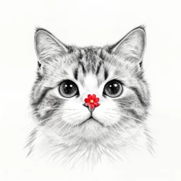 a pencil drawing of a cute cat, a little red flower on it nose, 8 k