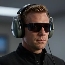 geordi laforge wearing visor and high tech ear muffs on his head and kinda looks like lobot