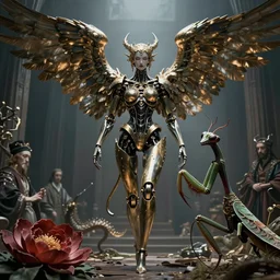 still frame from Prometheus movie by Makoto Aida, biomechanical angel gynoid by giger, mimicking devil's dragon flower mantis, metal couture by neri oxmn and Guo pei, editorial by Malczewski and by Caravaggio