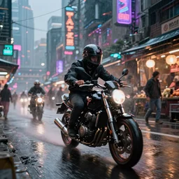 motorcycle chase through a crowded bazaar in a dystopian neon city, concept art by christian faber, sharp, light rain, extremely realistic lighting, illusion of motion