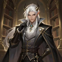 a highly detailed illustration of attractive white haired demon guy wearing librarian outfit, dramatic smirk pose, infinite library background, art by artgerm and greg rutowski, intricate, elegant, highly detailed, centered, digital painting, artstation, concept art, smooth, sharp focus, league of legends concept art, wlop.