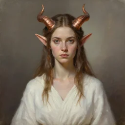 A detailed oil portrait of an elf woman with small copper horns wearing a simple white robe, by greg rutkowski, trending on artstation, dungeon and dragons art