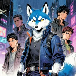 beautiful portrait commission of a male furry anthro blue husky fox fursona wearing cyberpunk skater clothes. Cyberpunk city at night in the rain. Neon light. Atmospheric. Character design by charlie bowater, ross tran, artgerm, and makoto shinkai, detailed, inked, western comic book art
