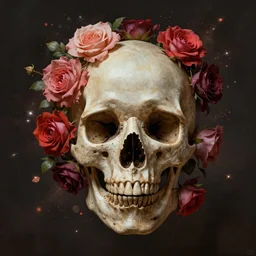 skull bust, concept art, technology vs nature, split in half, falling out of the face, roccoco roses explosion, photorealistic by michael komarck, greg rutkowski, victo ngai, artgerm, willem claesz heda and j. dickenson