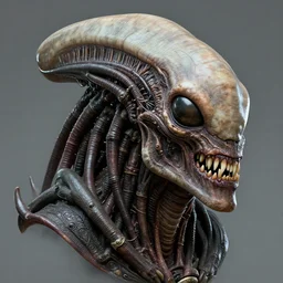 skin concept heads front view, texture, alien, biopunk, plant predator, predator, teeth, many details, guyver style, 3 d, cinematic, hyper realism, high detail, octane render, art by hans giger