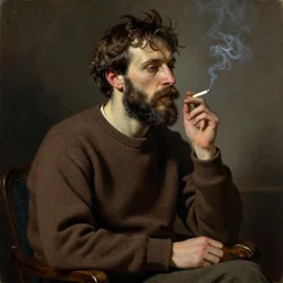 Beksinski painting of a writer with a beard sitting, he is smoking a cigarette, he is wearing a brown sweater, dramatic lighting, highly detailed, realistic