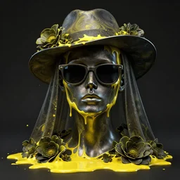 a head made out of melting metal, dark palette, it is wearing sunglasses and a hat and a veil, there are flowers all around it, yellow paint melting, vogue cover style, demonic style, smooth fractal style, ethereal fantasy style, 3 d perfect render style, horror style