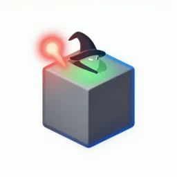 app logo of a wizard moving a gray cube with magic that glows varying shades of red green and blue, vector art