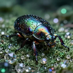 high quality close-up photo scarab!! with crystals iridescent gorgeous hyperdetailed moody green lighting low angle hd 8k sharp shallow depth of field