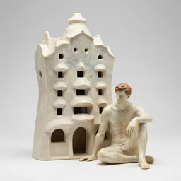 stunning intriguing polished figurine of man sitting on the floor in a shape of a building by antoni gaudi by roerich in clean minimal style museum