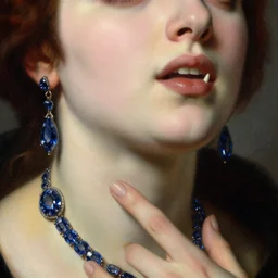 a renaissance oil painting close shot face portrait by alma tadema of a demon vampire fangs beautiful woman touching neck, sapphire jewellery, colourful pastel, detailed academic bouguereau, sharp focus, high contrast studio lighting