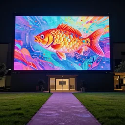 entrance to a building with a path on the lawn, a giant screen, at night, artstation, concept art, vibrant colors, fish lens, peter chan