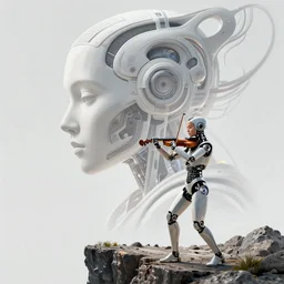 robot plays the violin on the edge of a cliff, female face, cyberpunk cyborg, sci - fi, intricate abstract upper body intricate artwork, by tooth wu, wlop, beeple, dan mumford. concept art, octane render, deviantart, greg rutkowski, cinematic arthouse, key art, hyper realism, iridescent accents
