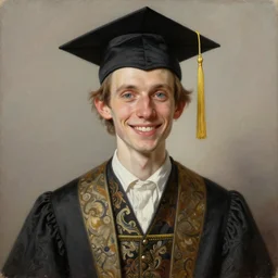 portrait painting of a skinny happy male scholar wearing fancy clothes and a cap, sharp focus, award - winning, trending on artstation, masterpiece, highly detailed, intricate. art by terese nielsen