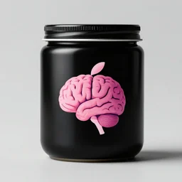 minimalistic logo of brain like apple, on black jar, advert, synthwave colours, hyperrealism,
