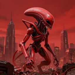red alien biomechanical city under a red sky