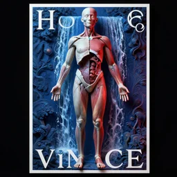 poster design, full body anatomical model, 3 d photographic render of a deconstructed asymmetric human anatomical correct human body, in hoc signo vinces, waterfall, in the style of leonora carrington, gottfried helnwein, intricate composition, blue light by caravaggio, insanely quality, highly detailed, masterpiece, red light, artstation
