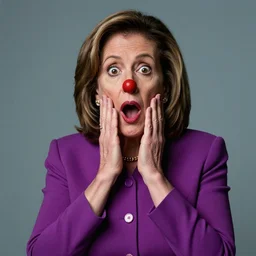 a very surprised clown nancy pelosi, 4 k photography, portrait, studio, cinematic lighting, hyper realistic