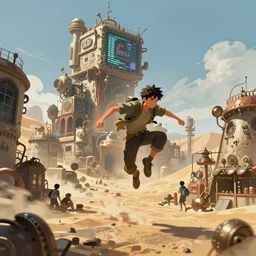 Character jumping over a bustling steampunk city in the desert with a towering building made of scraps, digital painting, highly detailed, dynamic, concept art, game art, artstation