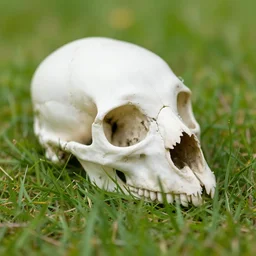 a bird's skull laying in the grass on a spring day