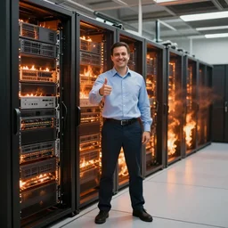 A photo of a system administrator doing a thumb up to the camera in front on burning servers, servers in flames in the background, happy system administrator doing a thumb up, uncropped, full body