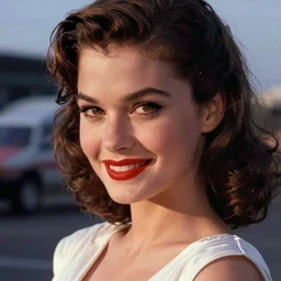 close up face of drop dead gorgeous young leading lady in a scene from the rocketeer. low white evening dress. ample. flirt. big eyes. red lipstick. firty smile.