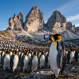 penguin taking picture with a iphone, thousands of canadians in the ground, mountain dolomites in far distance, very blue bright sky, cinematic lighting