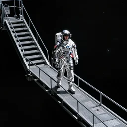 mysterious man in silver space suit, walking on an industrial catwalk with stairs that lead nowhere, suspended in the darkness of space, 4 k photograph, isometric view