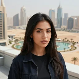 photographic portrait of a streetwear woman, closeup, on the rooftop of a futuristic city overlooking a desert oasis, sigma 85mm f/1.4, 4k, depth of field, high resolution, 4k, 8k, hd, full color