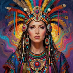 portrait of michelle pfeiffer, hyper detailed ultra sharp aztec shaman warrior. trending on artstation, warpaint aesthetic, bloodwave, colorful, psychedelic, ornate, intricate, digital painting, concept art, smooth, sharp focus, illustration, art by artgerm and greg rutkowski and h. r. giger, 8 k