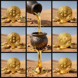 a 3 by 3 grid high resolution photoreal hdr render of a pile of bitcoins melting into gold flow into a crucible which is cracked and leaking into a desert as a metaphor global warming