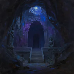 a beautiful painting of a dimly lit dark cavernous temple with blue and purple sources of light by bruce pennington, trending on artstation