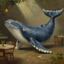 an obese whale at a cafe, oil painting, by fernando botero