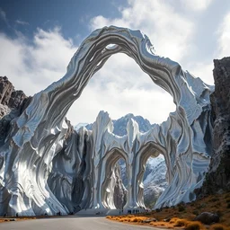 photo of a giant sculpture made of liquid chrome in the cordillera de los andes, with beautiful great arches and detail, architecture carved for a titan