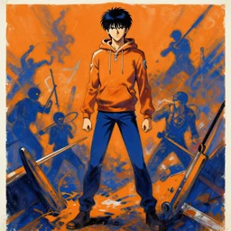 highly detailed orange blue canti standing triumph after a battle from flcl ( 2 0 0 1 ), hoody, style of ashley wood, yoji shinkawa, jamie hewlett, 6 0's french movie poster, french impressionism, vivid colors, palette knife and brush strokes, grunge aesthetic, dynamic composition