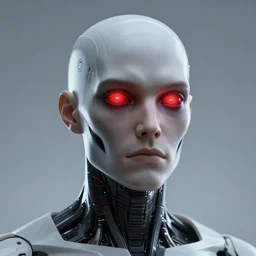 head and shoulders render of man cyberpunk face ((glowing_red_eyes red emissives!)) android face inhuman creepy intimidating, exposed wiring bundle. detailed Tom Bagshaw and Greg Rutkowski and Alphonse Mucha Bladerunner 2049 artstation trending 165mm