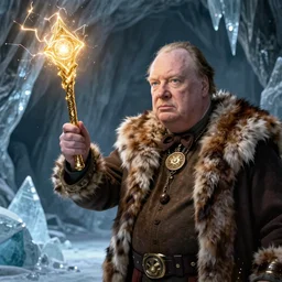 Winston Churchill wearing a fur barbarian tunic holding a glowing golden magical wand with electrical bolts emitting from it. In a cave made of ice. Trending on Artstation, octane render, ultra detailed, art by Ross tran
