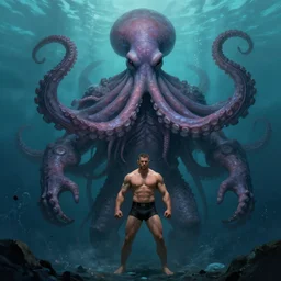great cthulhu, concept art, dnd, ocean, octopus head, squid head, his body is an mma fighter, humanoid, enormous, matte painting