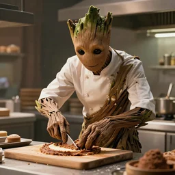 film still of Groot working as a pastry chef in the new guardians of the galaxy movie, 4k