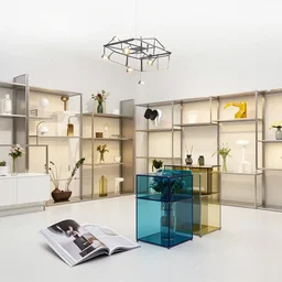 flower retail store, minimal, stainless steel and color glass, frame magazine, archidaily, parametric dot lamp, contemporary art and sculpture for furniture, trending on artstation, octane rendering, orthogonal