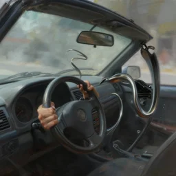 masterful fantastic realist painting of metal twists in the car again and the windshield is closing in feels like we can spin and spin for days, weird perspective, spinning thrashing car wreck, car interior, gripping the wheel, digital painting trending on artstation, volumetric lighting and mist, hyperrealistic, octane render
