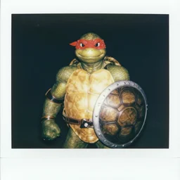 a badass turtle fighter with red bandana on his eyes, protectors on elbows and a shield made out of a turtle shell. polaroid, color vintage
