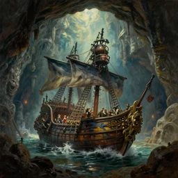 a pirate ship found in an underground vast cavern, dynamic lighting, spotlight, digital art, cinematic, oil on canvas, frank frazetta simon stalenhag, mandy jurgens, wlop, cgsociety, artstation