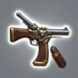 a retro gun weapon, league of legends inventory item icon, Warcraft style, outer glow, solid background, trending on artstation