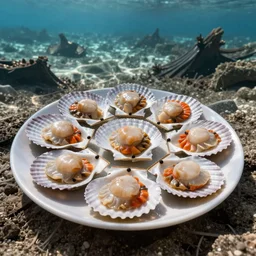 a plate of scallops superimposed on a destroyed seabed