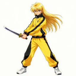 blond teenager with long hair, dressed in yellow and black tracksuit, wielding a katana. drawn by Yoji Shinkawa. character design