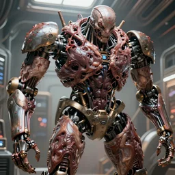 man fused with a gigantic machine, futuristic, body horror, sci-fi, meat machine, hyperdetailed, Cinematic, Kinemacolor, Artstation, 8k