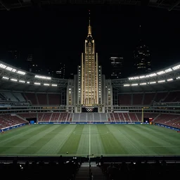 art deco sports stadium, chicago, city, dark city, film noir, olympics event 1930's, moody lighting, cinematic, movie frame, Road to Perdition
