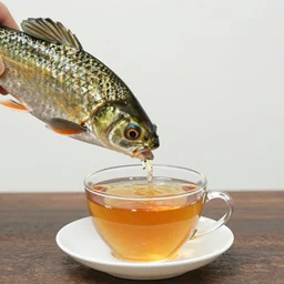 a real fish is drinking from a cup of tea, photorealism